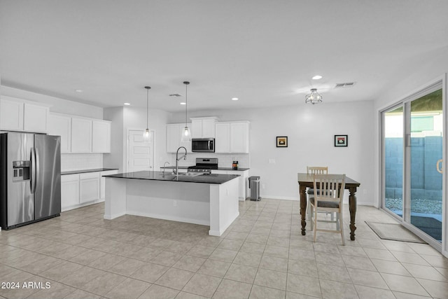 kitchen featuring white cabinetry, sink, an island with sink, decorative light fixtures, and appliances with stainless steel finishes