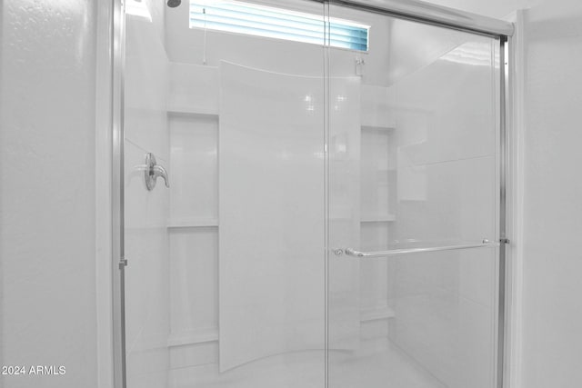 bathroom featuring a shower with shower door