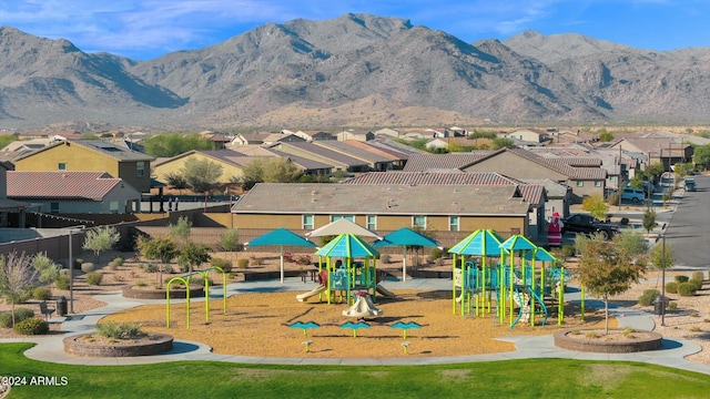 view of play area featuring a mountain view