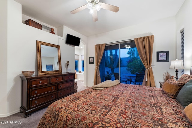 carpeted bedroom with baseboards, ensuite bathroom, access to outside, and ceiling fan