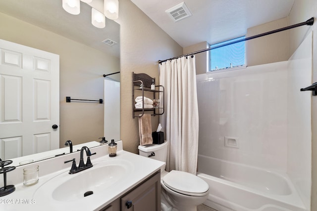 full bathroom with toilet, vanity, shower / bathtub combination with curtain, and visible vents