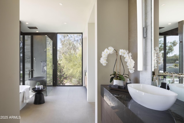 4451 E Joshua Tree Ln, Paradise Valley, AZ 85253 - full bathroom featuring floor to ceiling windows, a freestanding tub, vanity, and recessed lighting