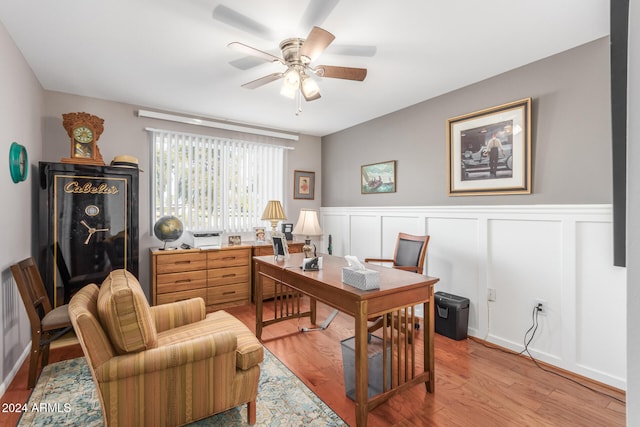 office featuring hardwood / wood-style flooring and ceiling fan