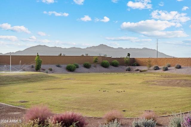 view of yard with fence and a mountain view