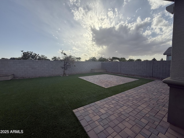 view of yard with a patio area and a fenced backyard