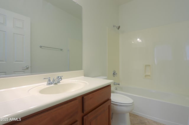 bathroom featuring toilet, shower / bathtub combination, tile patterned floors, and vanity