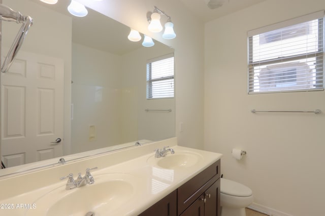 full bath featuring toilet, double vanity, and a sink