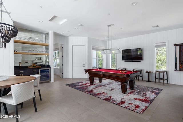 23902 S 202nd Ct, Queen Creek, AZ 85142 - playroom with light tile patterned flooring, beverage cooler, billiards, indoor wet bar, and visible vents