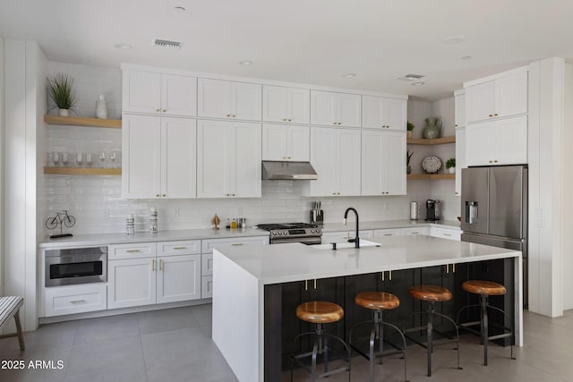 23902 S 202nd Ct, Queen Creek, AZ 85142 - kitchen with open shelves, a sink, stainless steel appliances, white cabinetry, and under cabinet range hood
