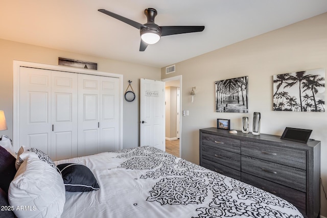 bedroom with ceiling fan and a closet