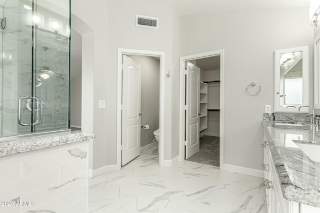 bathroom with vanity, a shower with shower door, and toilet