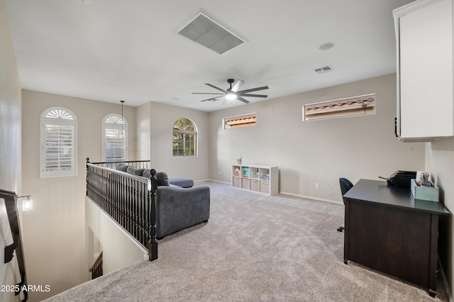 3773 E Stampede Dr, Gilbert, AZ 85297 - living room featuring carpet, baseboards, a ceiling fan, and an office area