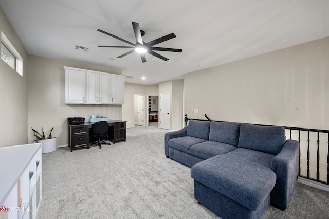 3773 E Stampede Dr, Gilbert, AZ 85297 - office featuring a ceiling fan, light carpet, recessed lighting, baseboards, and built in study area