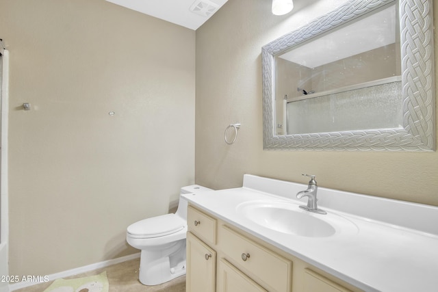 bathroom featuring baseboards, visible vents, a shower, toilet, and vanity