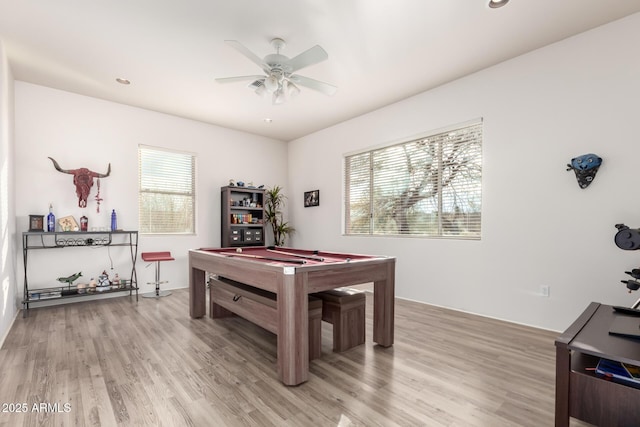 recreation room featuring ceiling fan, billiards, and light hardwood / wood-style floors