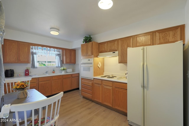 kitchen featuring light hardwood / wood-style floors, white appliances, and sink