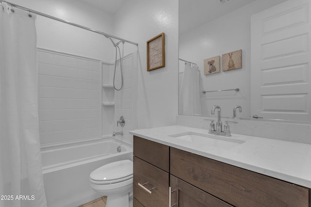 full bathroom with toilet, shower / bath combo with shower curtain, and vanity