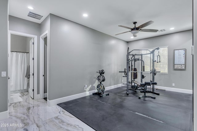 workout room featuring ceiling fan