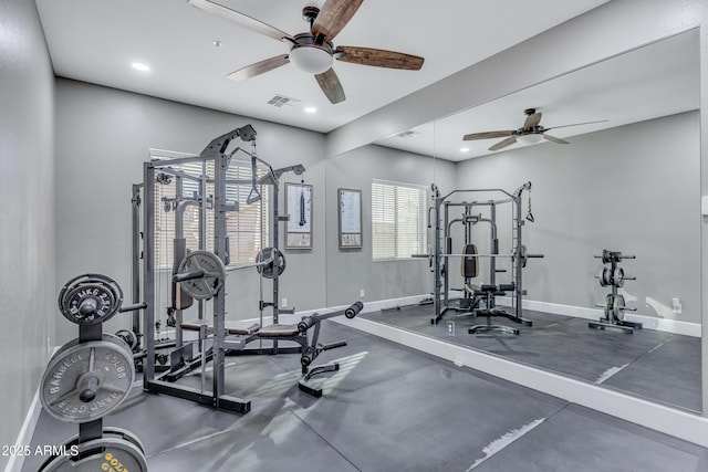 workout area featuring ceiling fan