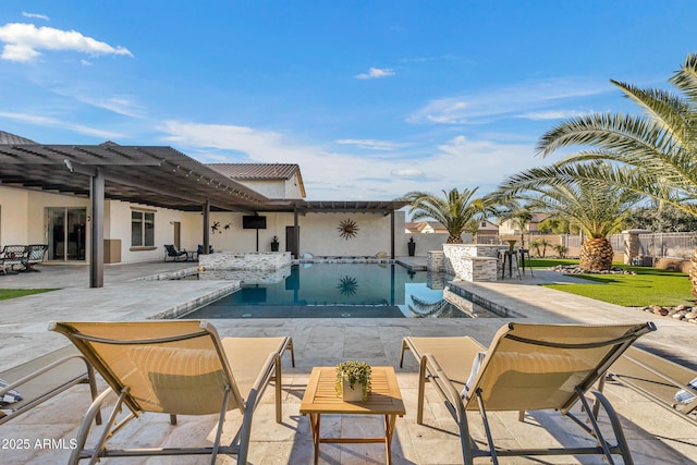 view of pool featuring area for grilling, a bar, and a patio