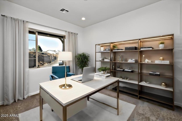 office area with visible vents, recessed lighting, carpet, and baseboards