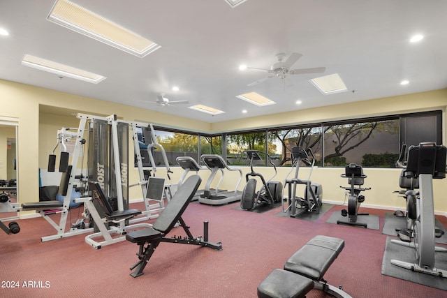 workout area with ceiling fan and recessed lighting