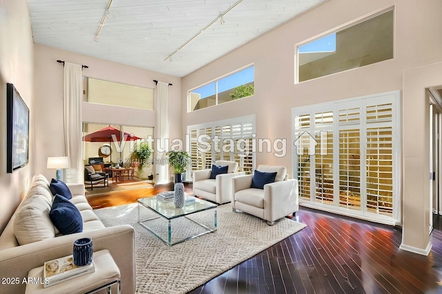 living area featuring a towering ceiling, track lighting, and wood finished floors