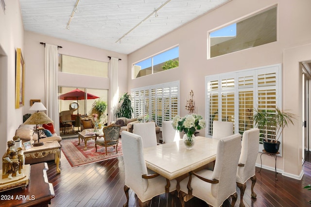 dining space with dark wood-style flooring, a towering ceiling, and track lighting