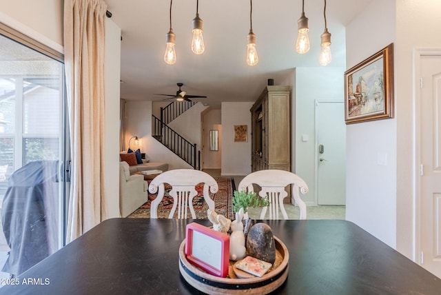 1145 E Lowell Ave, Gilbert, AZ 85295 - dining area with stairs and a ceiling fan