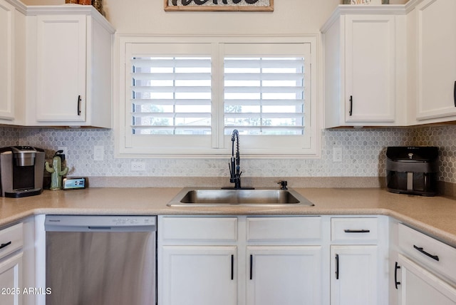 1145 E Lowell Ave, Gilbert, AZ 85295 - kitchen featuring stainless steel dishwasher, a sink, white cabinets, backsplash, and light countertops