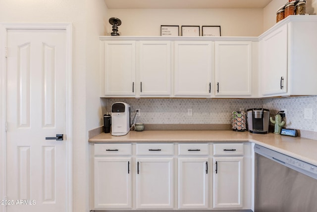 1145 E Lowell Ave, Gilbert, AZ 85295 - kitchen with dishwasher, white cabinetry, decorative backsplash, and light countertops