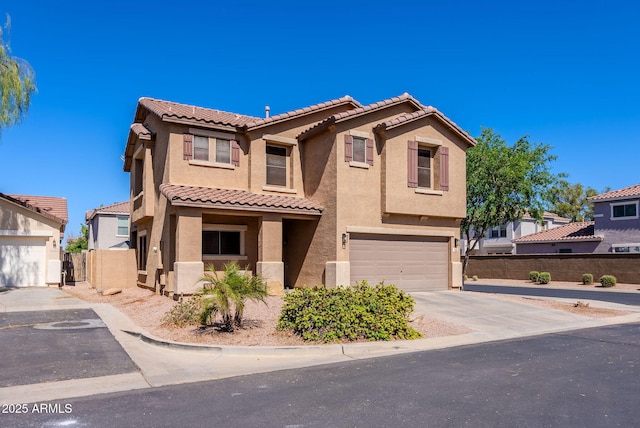 1145 E Lowell Ave, Gilbert, AZ 85295 - mediterranean / spanish-style house with stucco siding, a tiled roof, driveway, and a garage