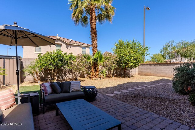 1145 E Lowell Ave, Gilbert, AZ 85295 - fenced backyard with an outdoor living space and a patio