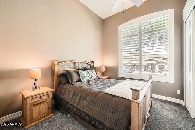 12448 N 129th Pl, Scottsdale, AZ 85259 - bedroom featuring dark carpet, vaulted ceiling, and baseboards