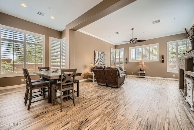 12448 N 129th Pl, Scottsdale, AZ 85259 - dining room with light wood-type flooring, baseboards, ornamental molding, ceiling fan, and recessed lighting
