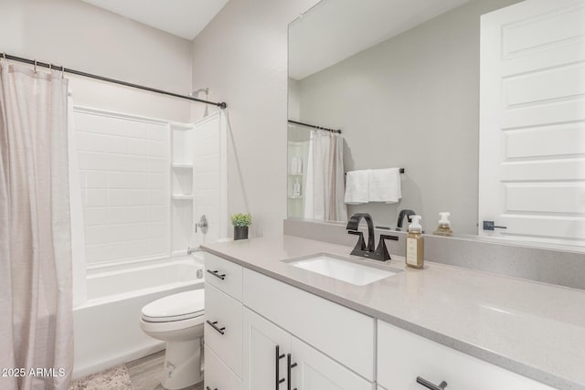 full bathroom with shower / bathtub combination with curtain, vanity, hardwood / wood-style flooring, and toilet