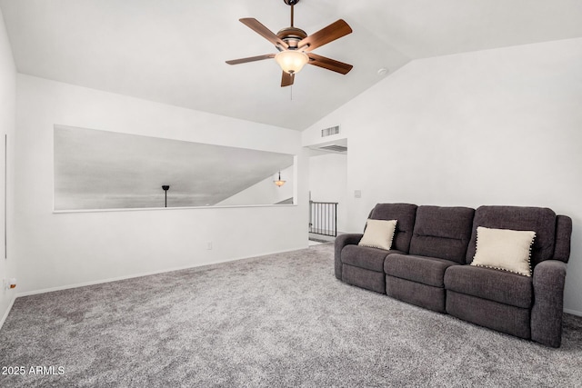 carpeted living room with vaulted ceiling, baseboards, visible vents, and ceiling fan