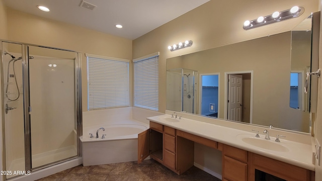 full bath featuring visible vents, a sink, a shower stall, and a bath