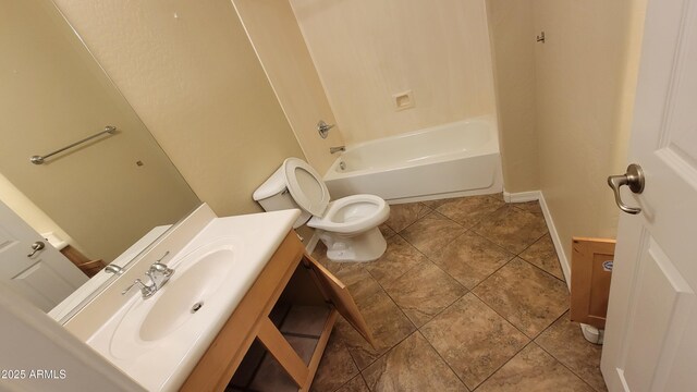 full bathroom with toilet, shower / washtub combination, vanity, and tile patterned floors