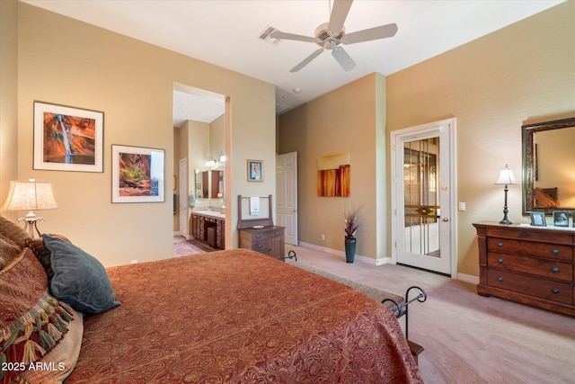 carpeted bedroom with access to outside, ensuite bath, and ceiling fan