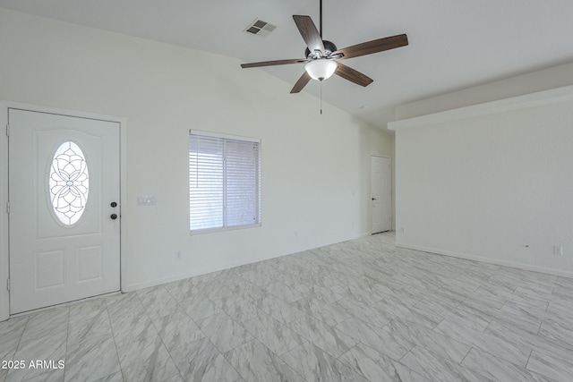 entrance foyer with vaulted ceiling and ceiling fan