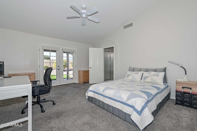 bedroom featuring lofted ceiling, carpet, access to exterior, ceiling fan, and french doors