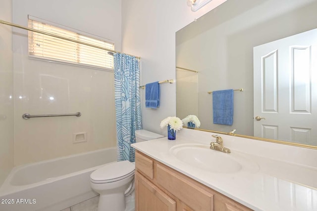 full bathroom with vanity, shower / bathtub combination with curtain, tile patterned floors, and toilet