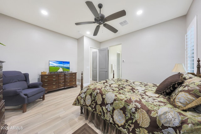 13236 W Montansoro Ln, Peoria, AZ 85383 - bedroom with light wood finished floors, recessed lighting, and a ceiling fan