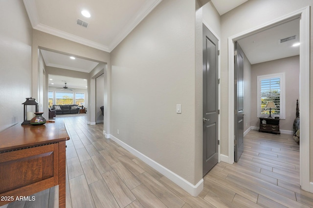 13236 W Montansoro Ln, Peoria, AZ 85383 - hallway with ornamental molding, light wood-type flooring, baseboards, and recessed lighting