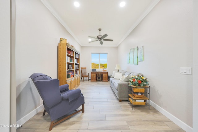 13236 W Montansoro Ln, Peoria, AZ 85383 - living area with crown molding, ceiling fan, baseboards, recessed lighting, and light wood-style flooring