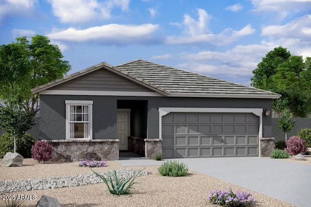 ranch-style home with a garage, concrete driveway, stone siding, and stucco siding