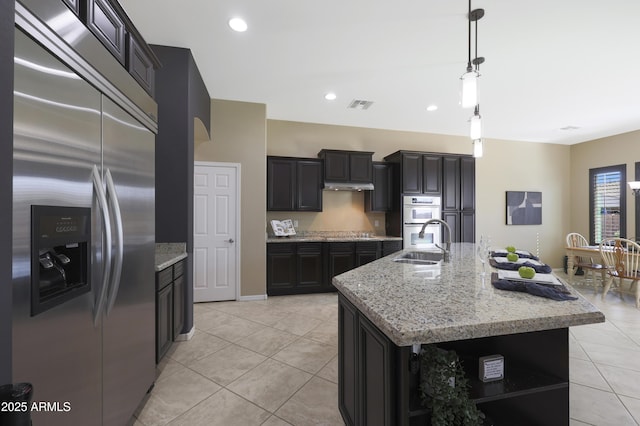 kitchen with open shelves, stainless steel appliances, visible vents, a sink, and under cabinet range hood