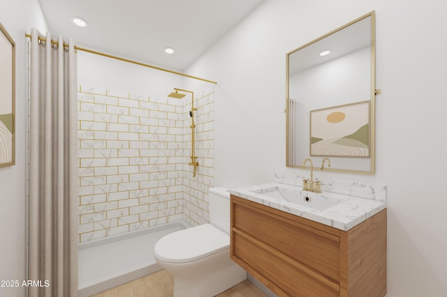 875 E Flint St, Chandler, AZ 85225 - full bath with vanity, toilet, a shower stall, wood finished floors, and recessed lighting