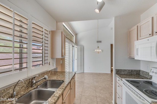 6942 S Championship Dr, Chandler, AZ 85249 - kitchen with white appliances, a sink, lofted ceiling, light brown cabinetry, and a chandelier